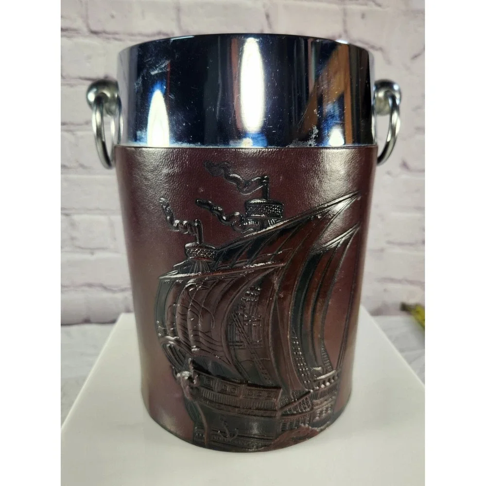 SUPER RARE Leather Champagne Chiller Ice Bucket Exquisite VIKING Ship Embossed